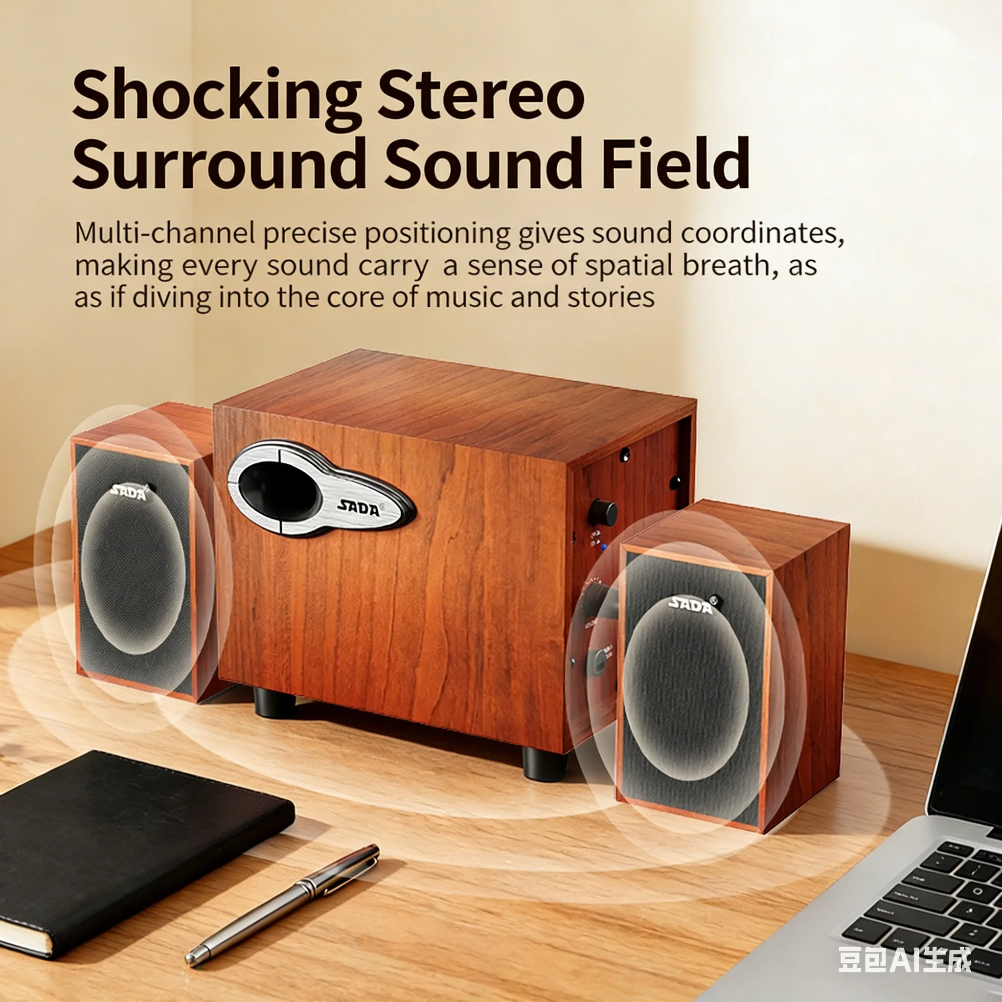 Gaming Speaker 2.1 - Drewniane głośniki biurkowe 2.1-Ch, subwoofer 4-calowy,